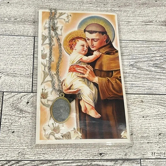 Pray For Us St. Anthony Silver Tone Pendant Necklace Medal Oval Friars New York - Picture 1 of 4